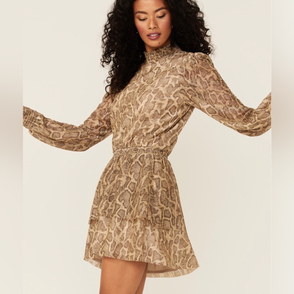 Show Me Your Mumu Women's Glitter Python Russo Ruffle Gold Dress Long Sleeves
